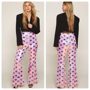 Nasty Gal Pink Purple Star Sequin Star HighRise Party Flare Pants 12